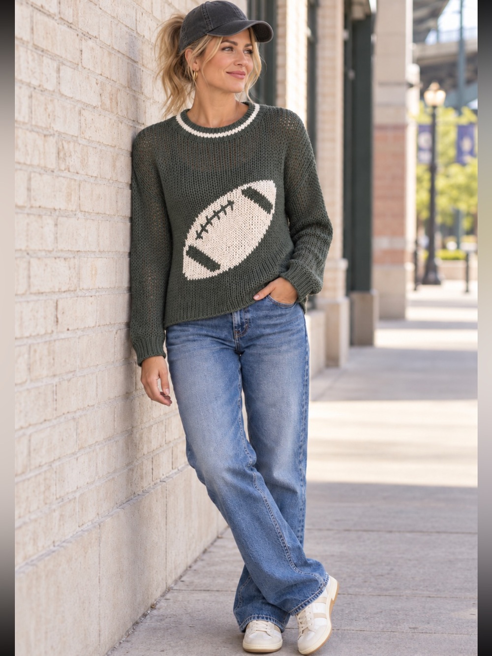 Football boxy Graphic Sweater Wooden Ships S/M Green Cotton Knit Game Day